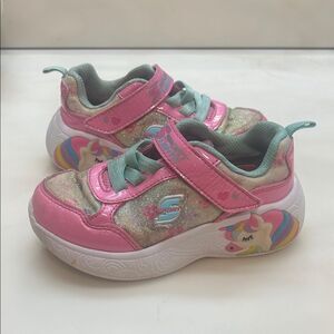 Sparkly Pink Skechers Sport Lights Kids Shoes with Unicorn Design